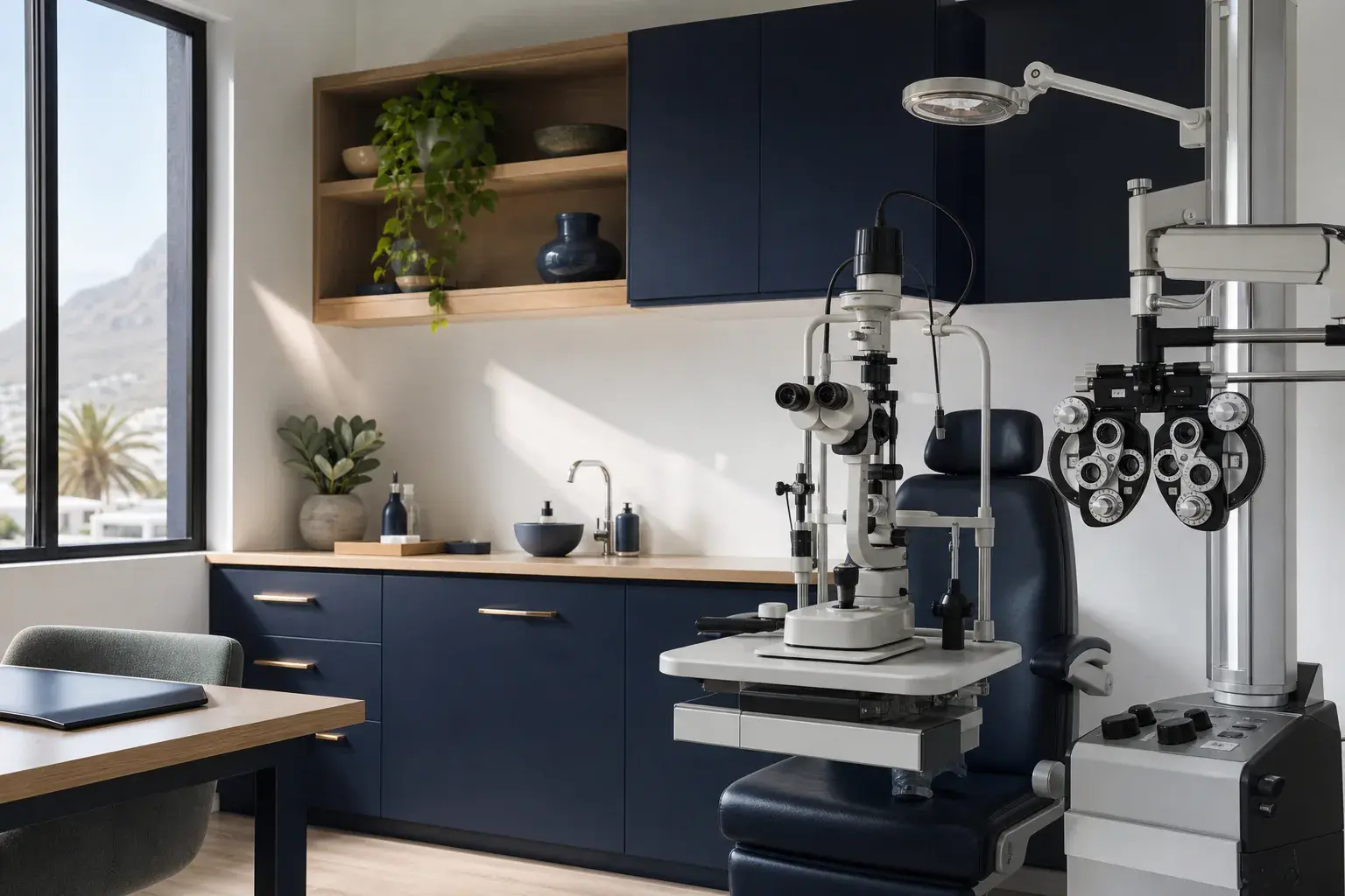 Calm eye-examination room with a patient chair and clinical instruments