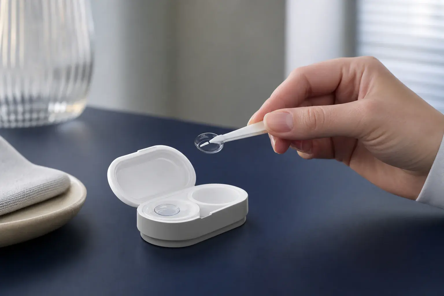 Hand inspecting a clear rigid lens above a clean unbranded lens case