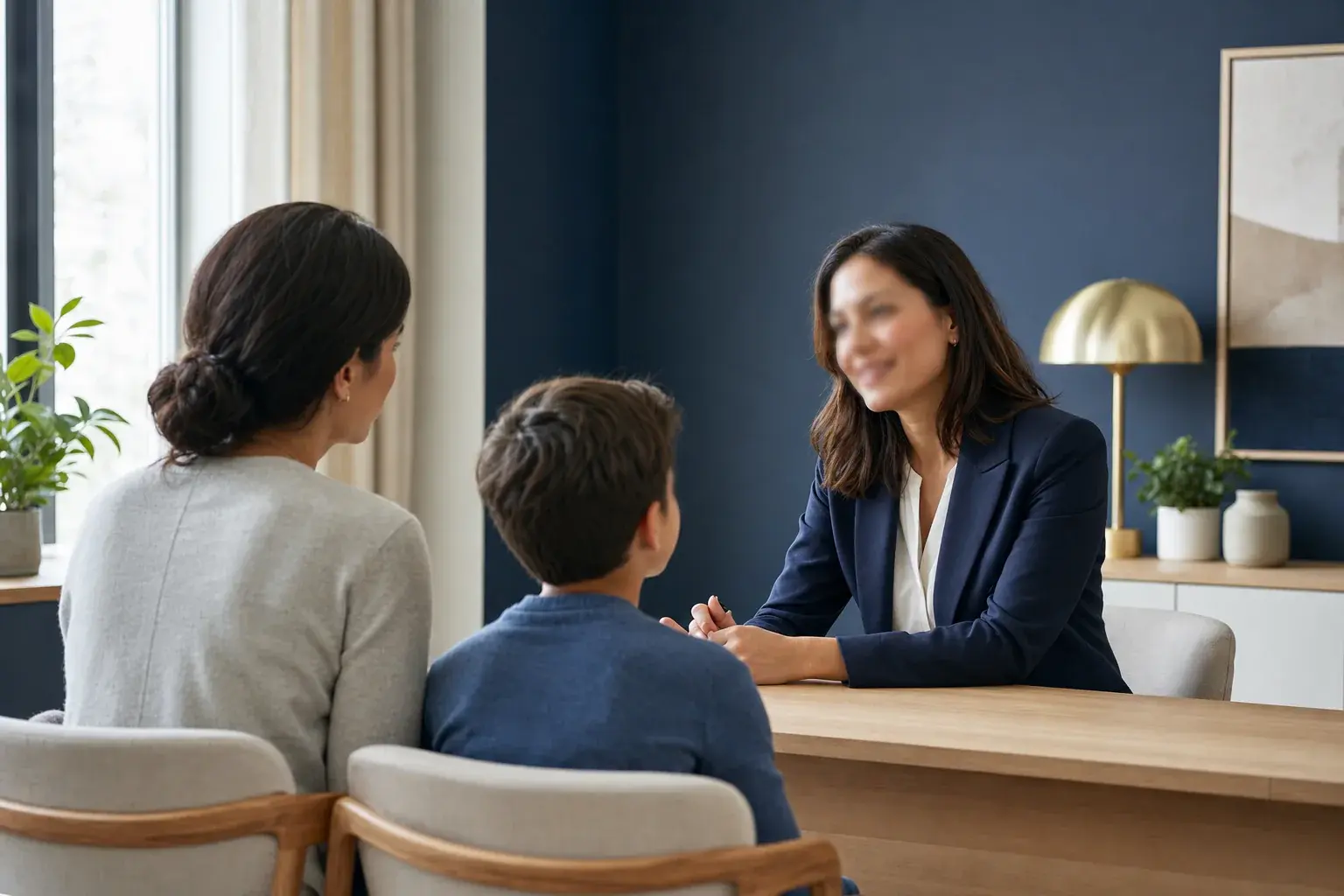 Illustrative parent and child having a calm eye-care conversation with a clinician