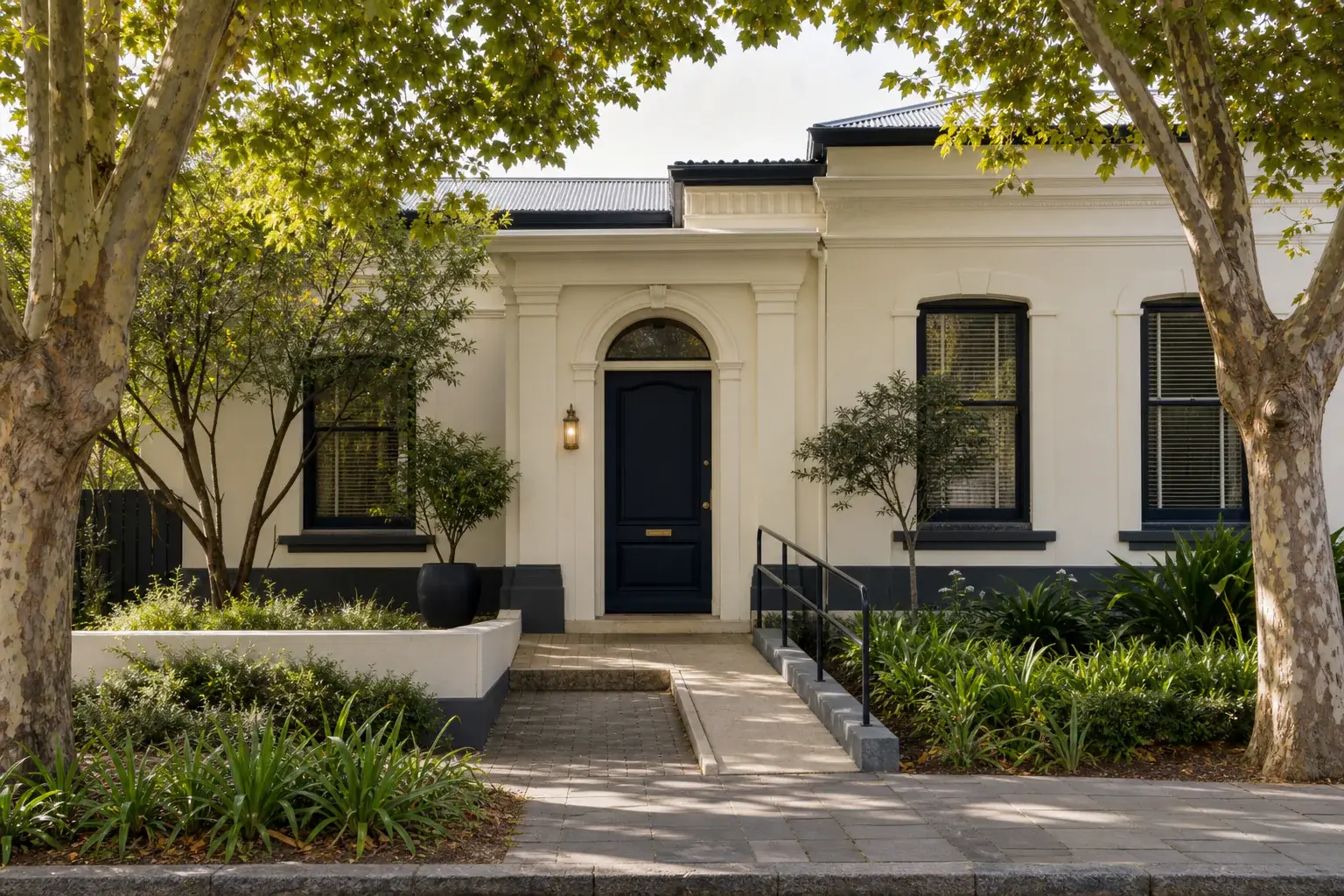 Illustrative cream and navy professional building in a leafy Cape Town street; not the Eksteen Optometrists premises