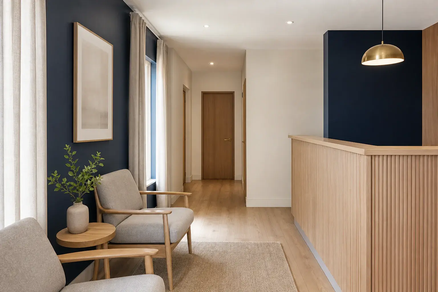 Illustrative navy and pale-timber reception and waiting area; not the Eksteen Optometrists premises