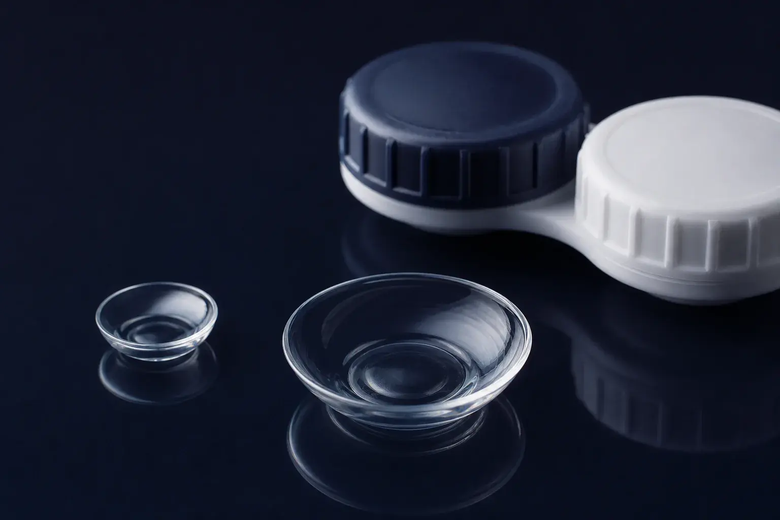 Clear rigid contact lens held above a clean clinical surface